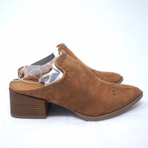Studded Pointed Toe Heeled Mule Cognac Vegan Suede